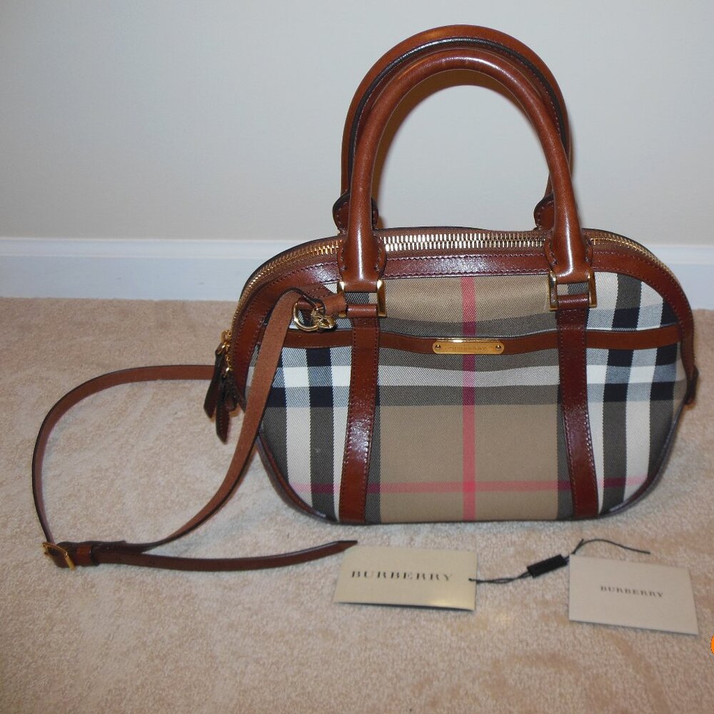 Burberry Orchard Bowling Handbag Bridle House Check pattern tan w/ original tags